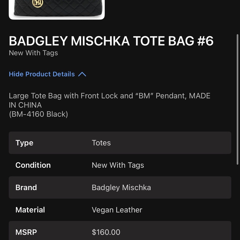 Badgley Mischka Quilted Black Tote Bag Large
